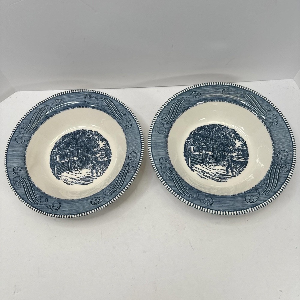 Currier Ives Blue White 10" Bowls Set of 2 Old Grist Mill Cottagecore Decor